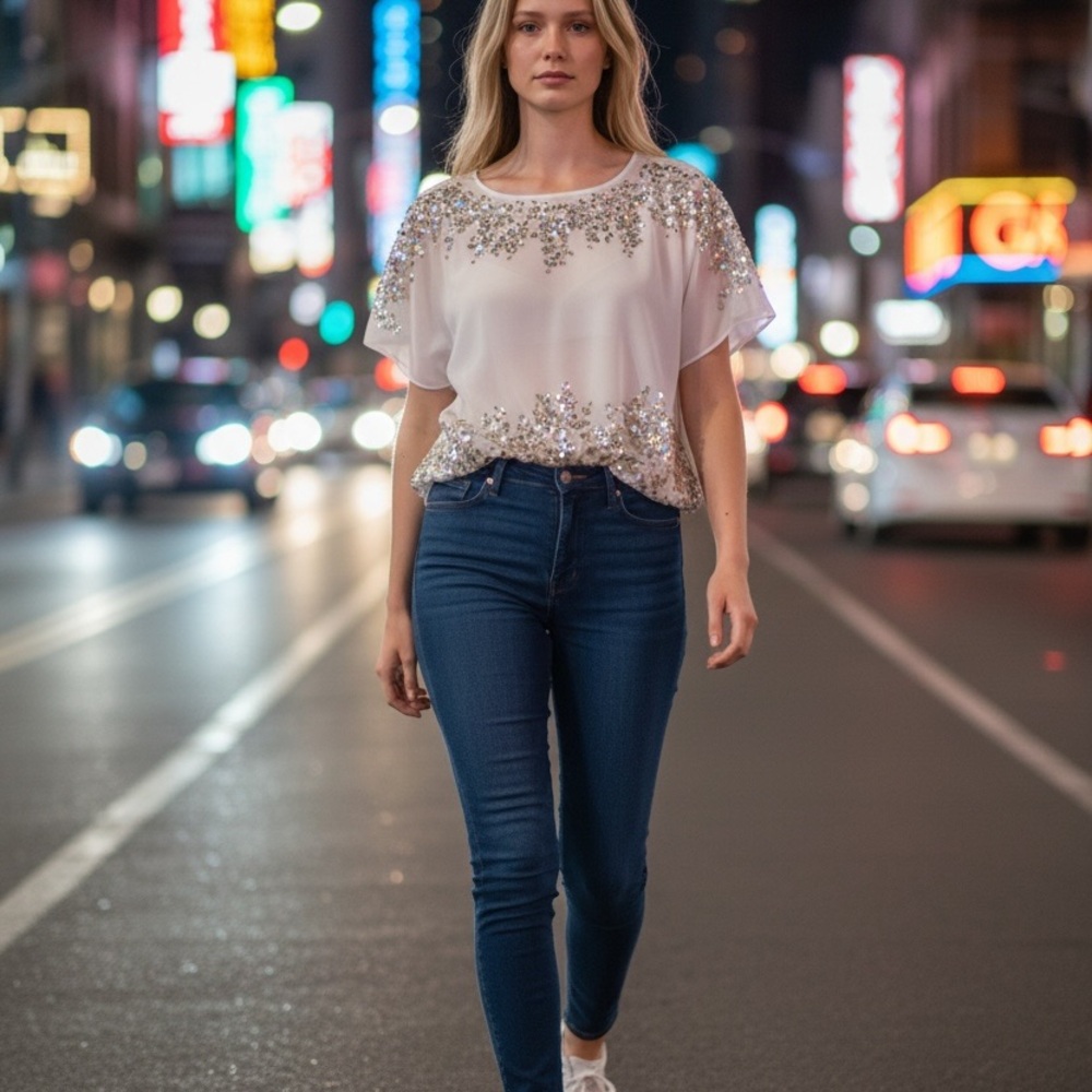 Cache Ivory Top with Gold Sequins